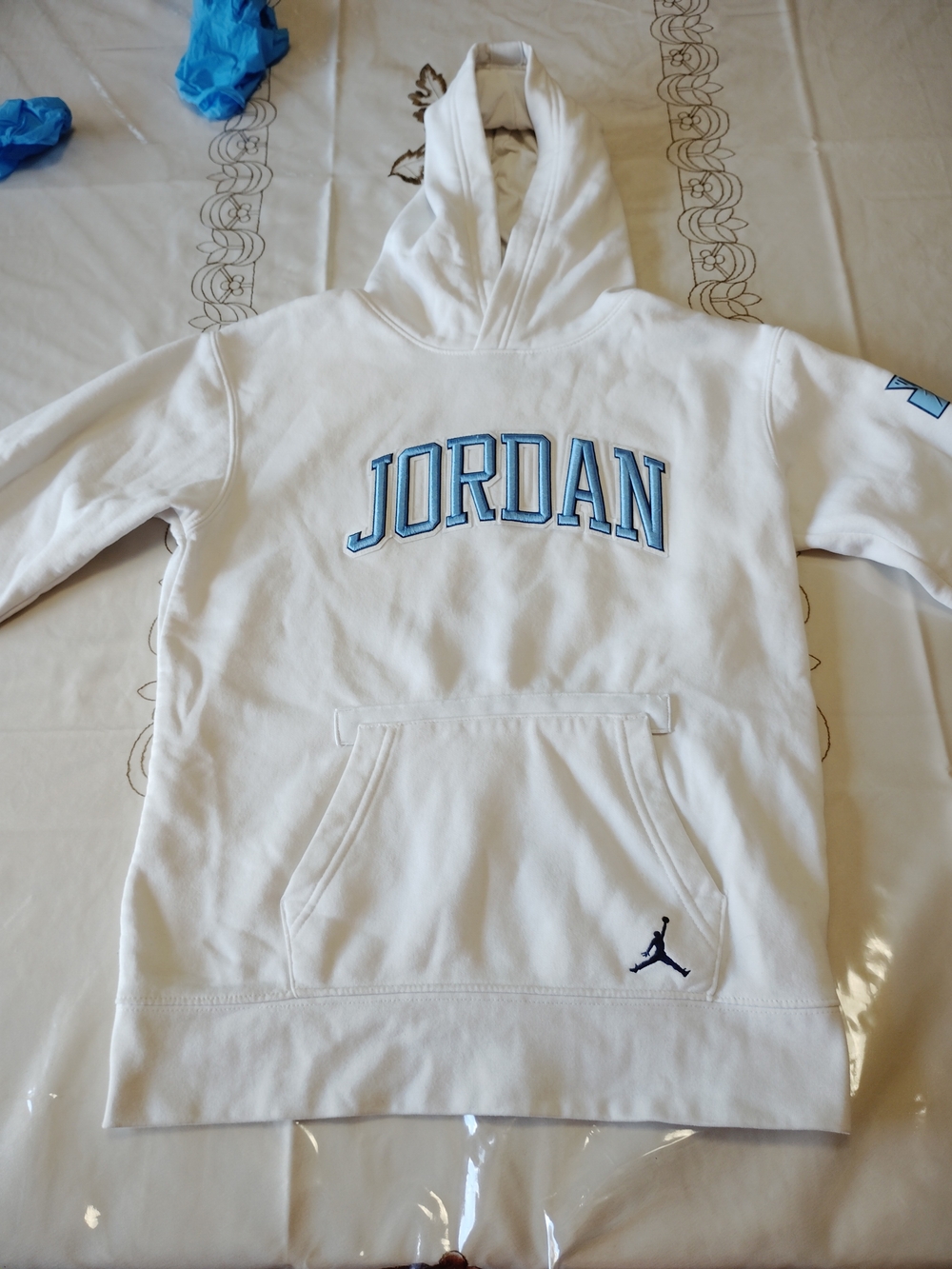 Jordan White Hoodie with Light Blue Embroidery